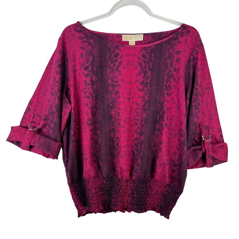 Michael Kors Snake Print Smocked Blouse Pink Red Buckle Roll Tab Sleeves XL Glam